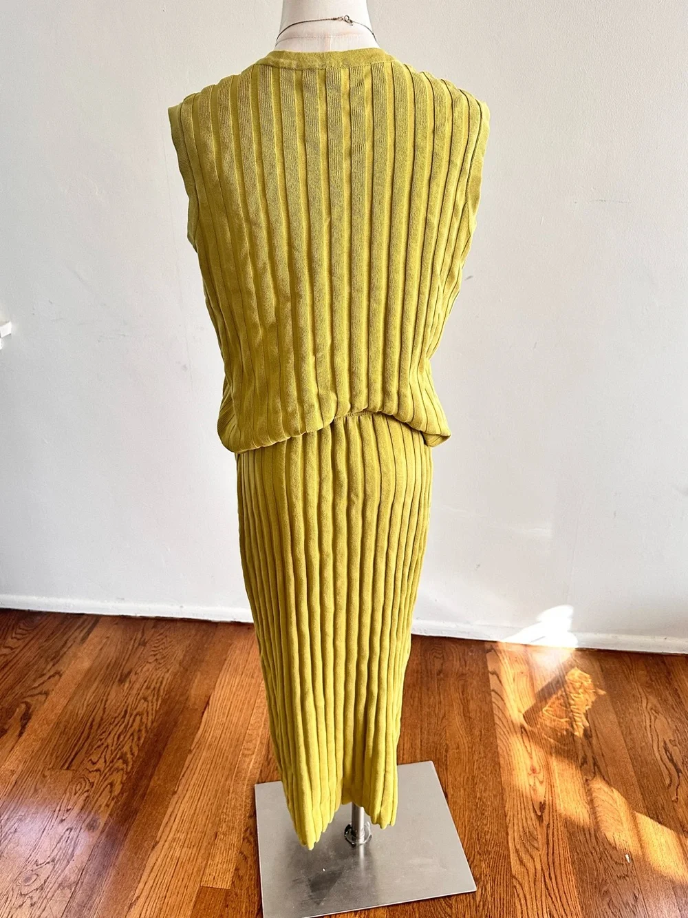 Ribbed Knit Chartreuse Two Piece Top & Midi Skirt Set Medium